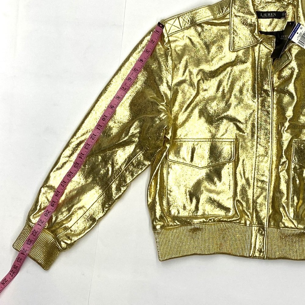 Ralph Lauren Genuine Lamb Leather Bomber Jacket Gold Metallic - Picture 2 of 4